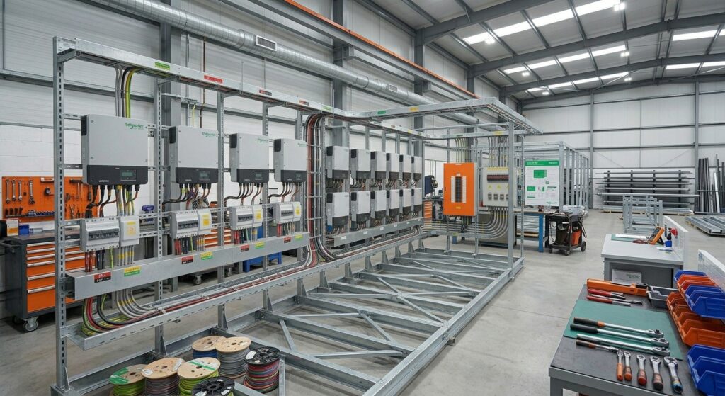 Atelier industriel avec onduleurs et installations électriques