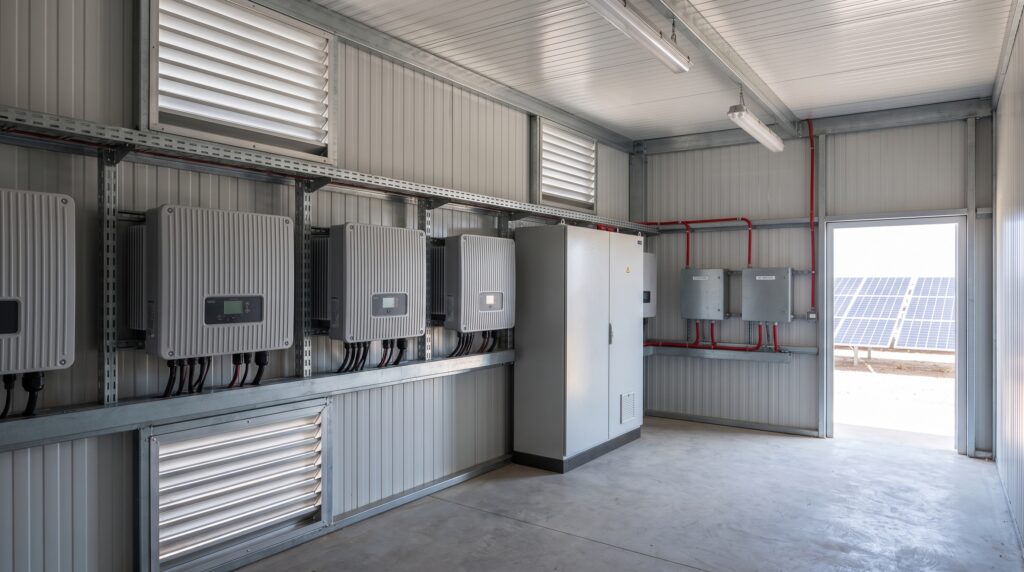 Intérieur d’un local technique onduleur photovoltaïque : onduleurs muraux, armoire TGBT, chemins de câbles et grilles de ventilation dans un shelter en bardage